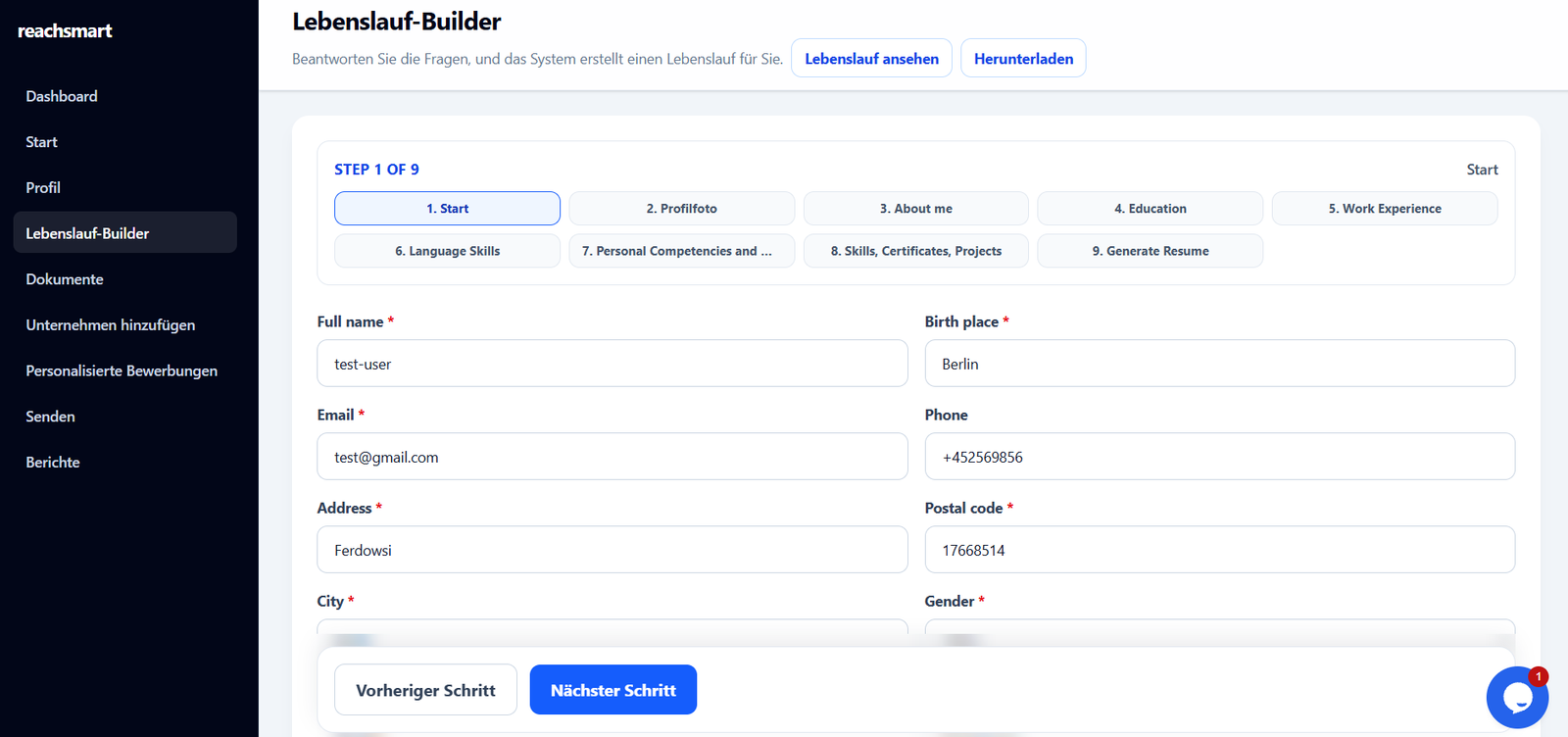 ReachSmart Lebenslauf-Builder